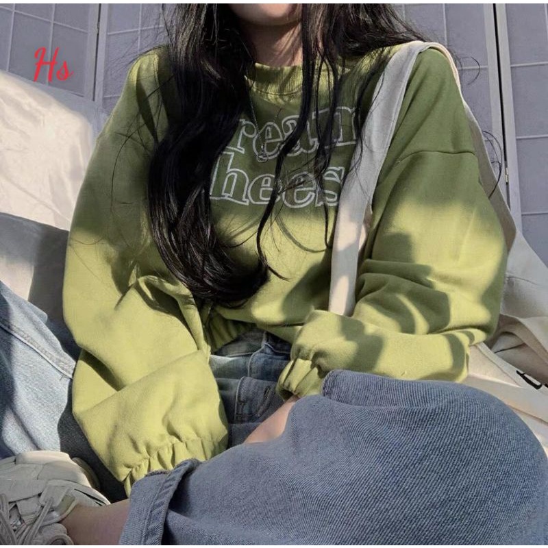 Áo Croptop ,Nỉ Nữ Dài Tay Xanh, Dáng Lỡ In Chữ GREANN | BigBuy360 - bigbuy360.vn