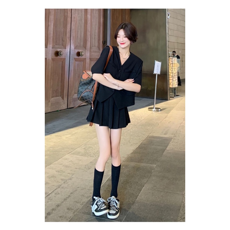 Bộ Áo Khoác Ngắn Tay Dáng Rộng + Chân Váy Lưng Cao Thời Trang Hàn Quốc Dành Cho Nữ