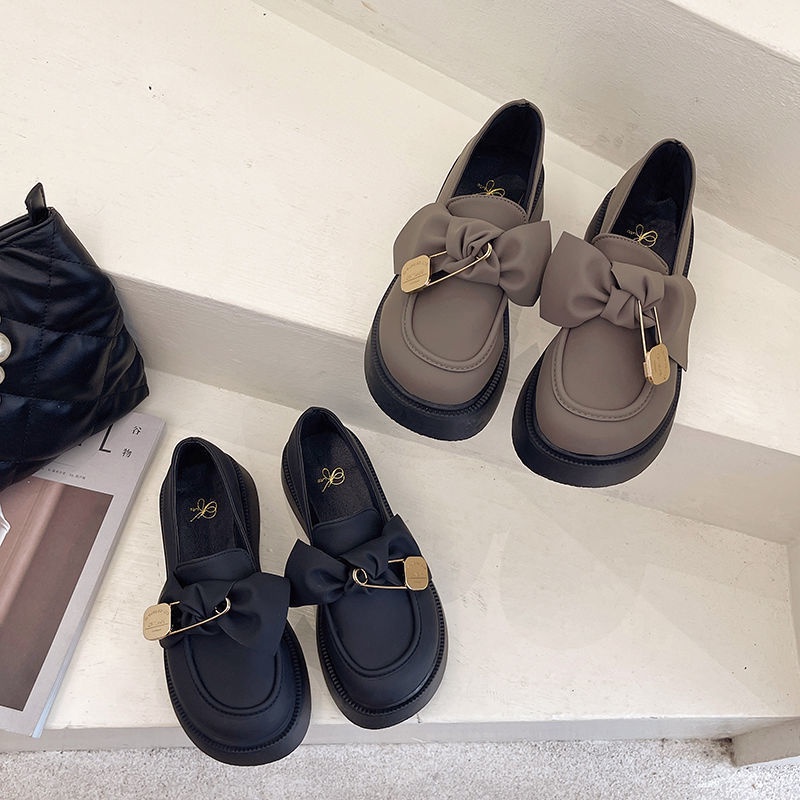 2023 Giày Da Mũi Tròn Thắt Nơ Phong Cách Retro Hàn Quốc Dành Cho Nữ Mary Jane Giày đế bệt