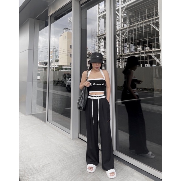 Set áo croptop ống dây cổ yếm chữ + quần suông culottes