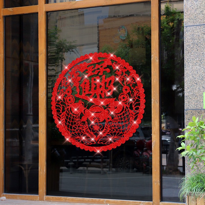 Decal trang trí tết - Cặp cá chép và thổi vàng nhũ kim tuyến đỏ