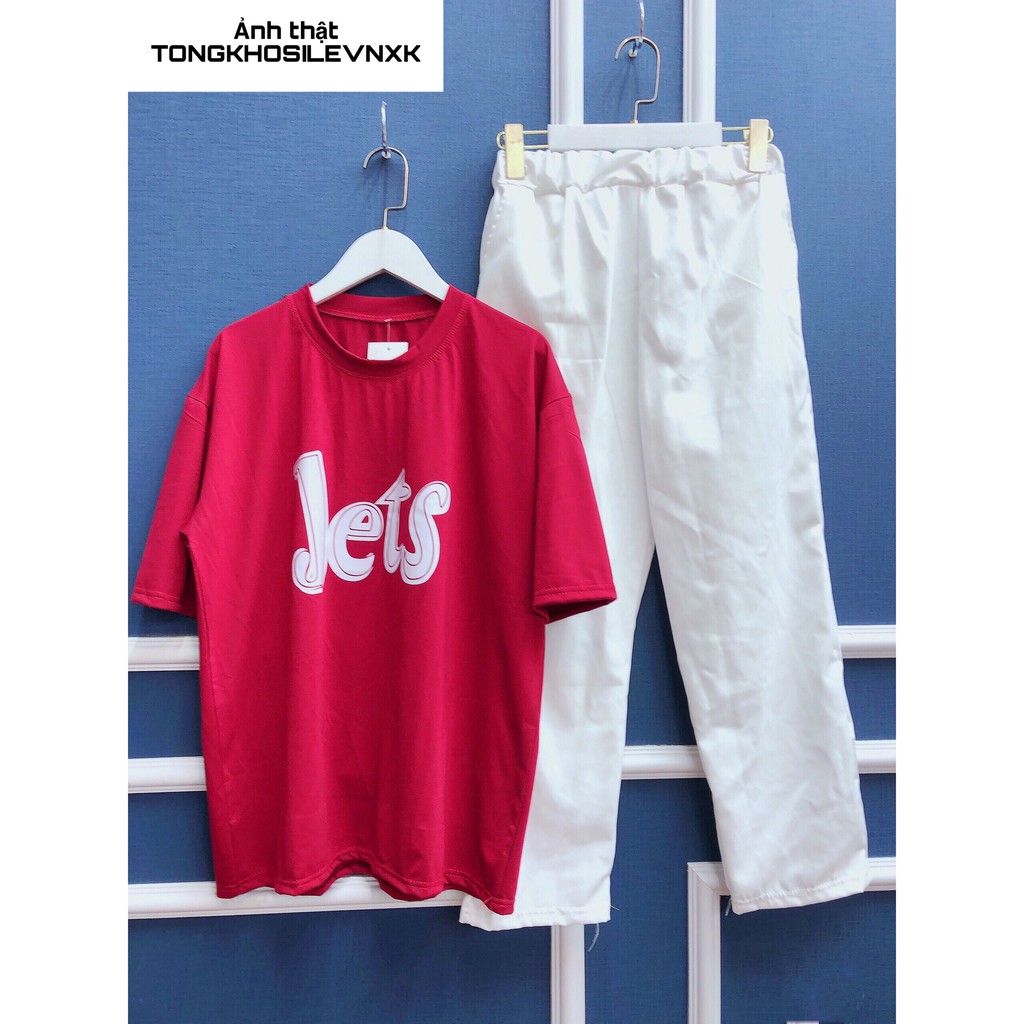 SET ÁO THUN TAY LỠ IN CHỮ JETS ĐỎ MIX QUẦN CULLOTE KAKI SUÔNG MÀU TRẮNG HOT HIT  Bộ Quần Áo Nữ JET