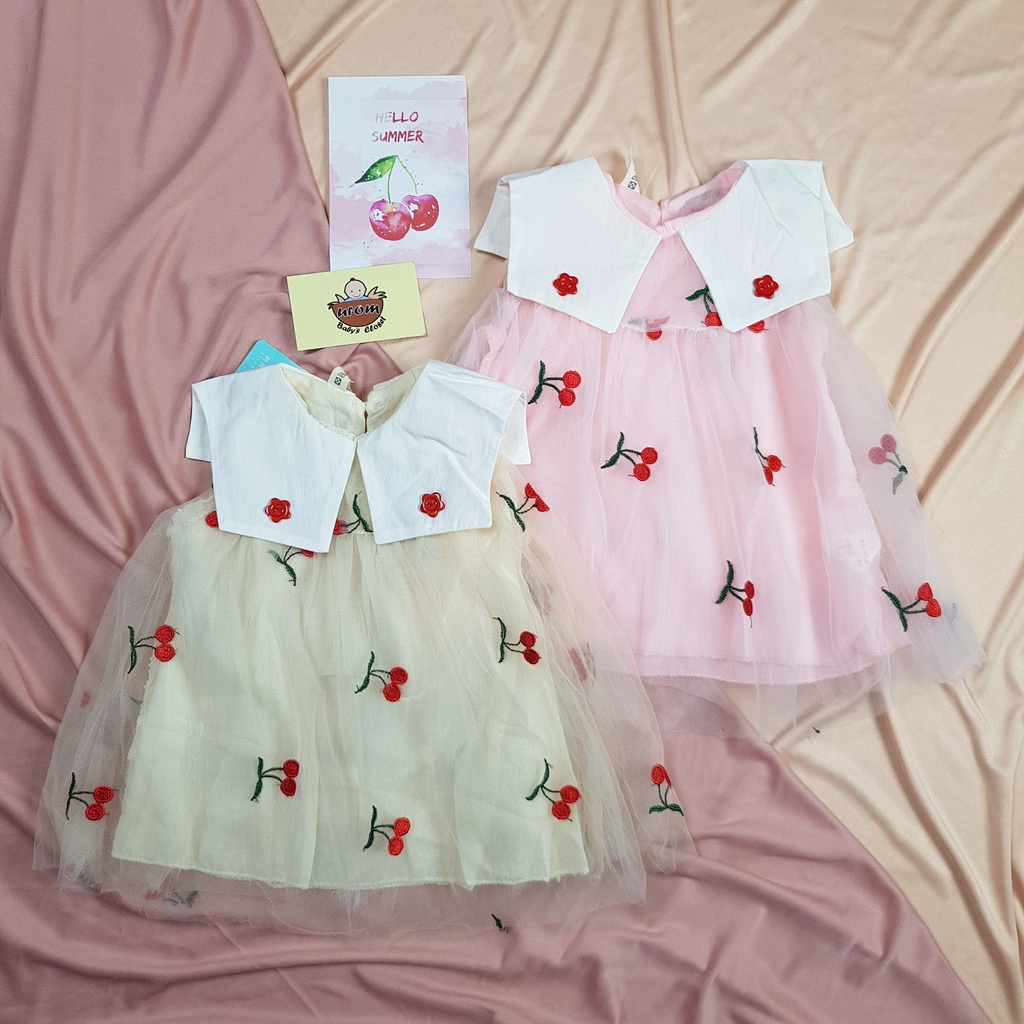 Váy đầm công chúa bé gái voan xòe bé gái quả cherry thêu nổi