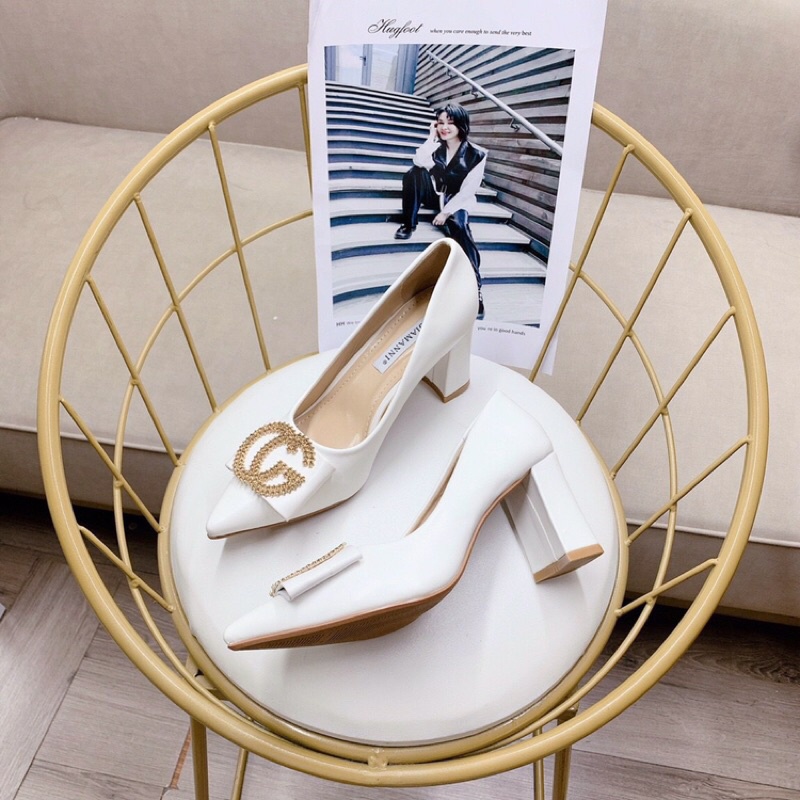 Giày cao gót da lì mũi nhọn gót vuông 7p tag CG đá vàng sang chảnh hàng VNXK cao cấp