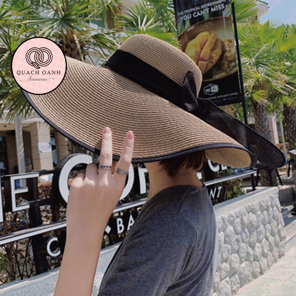 Mũ cói rộng vành, nón cói đi biển nữ vành lớn đai nơ phong cách vintage chống nắng – MU50