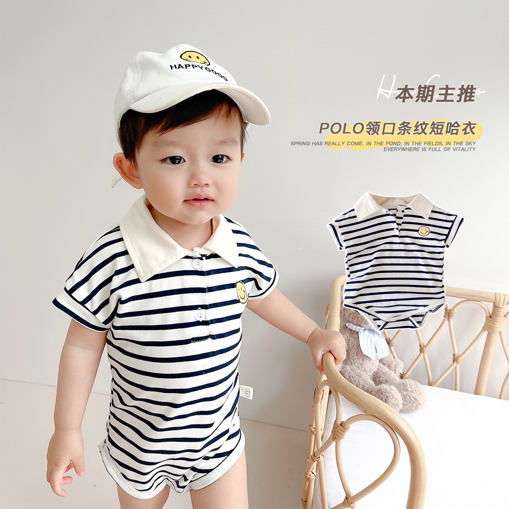 Bộ Áo Liền Quần Cổ Bẻ In Hình Mặt Cười Cho Bé Trai &amp; Gái Sơ Sinh