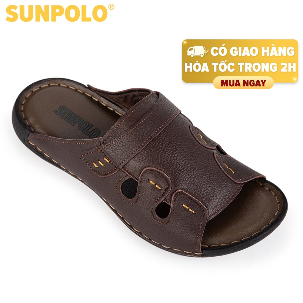 Dép Quai Ngang Nam Da Bò Cao Cấp SUNPOLO Nâu - D18NEW