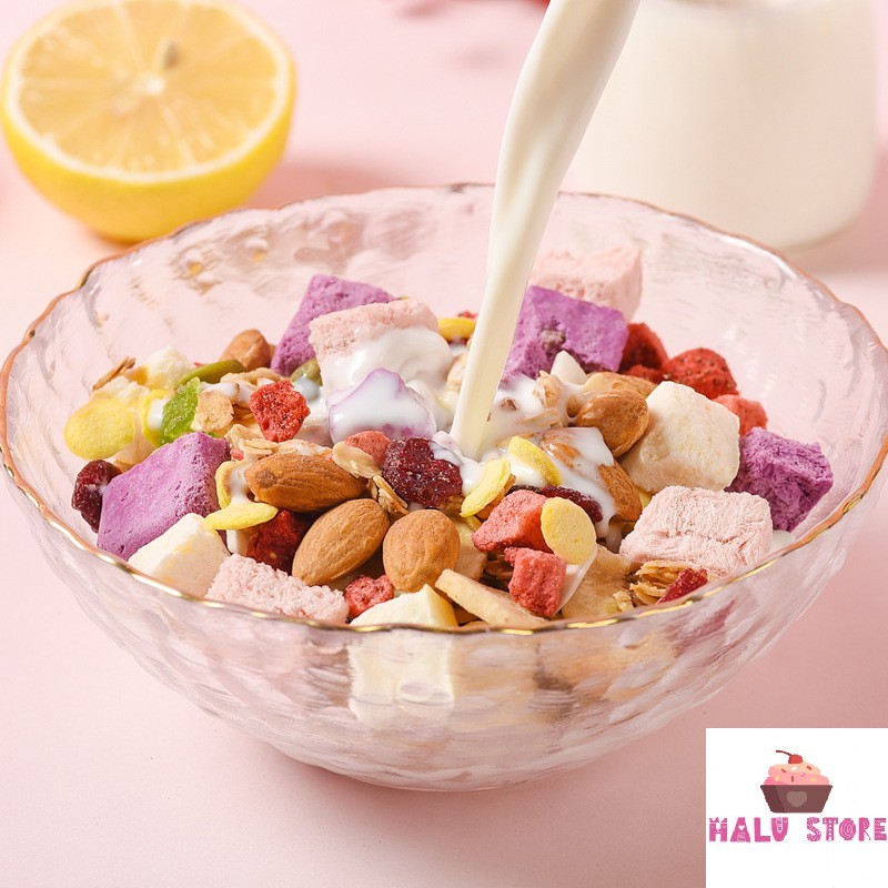 [Ăn Kiêng] Ngũ cốc sữa chua mix hạt, hoa quả MEIZHOUSHIKE YOGURT, NUTS OATMEAL gói màu Tím 400g - Đài Loan