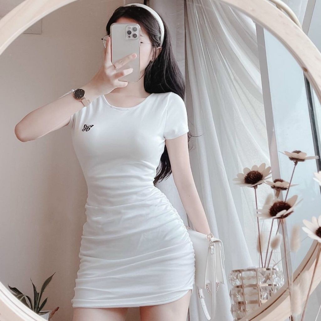Đầm Dáng Ôm Body GenY Nhún 2 Bên Thêu Bướm Chuẩn Fom Chất Borip Lụa Mềm Mịn | BigBuy360 - bigbuy360.vn