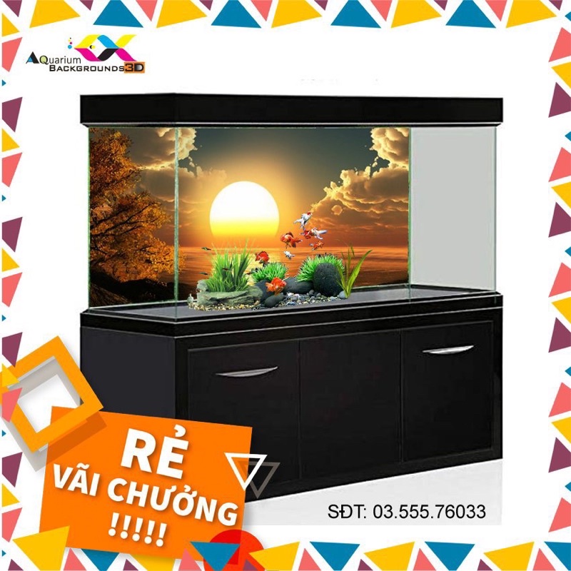 Tranh 3D dán hồ cá cảnh bình minh, siêu đẹp, có keo sẵn trên bề mặt, có thể in theo kích thước yêu cầu