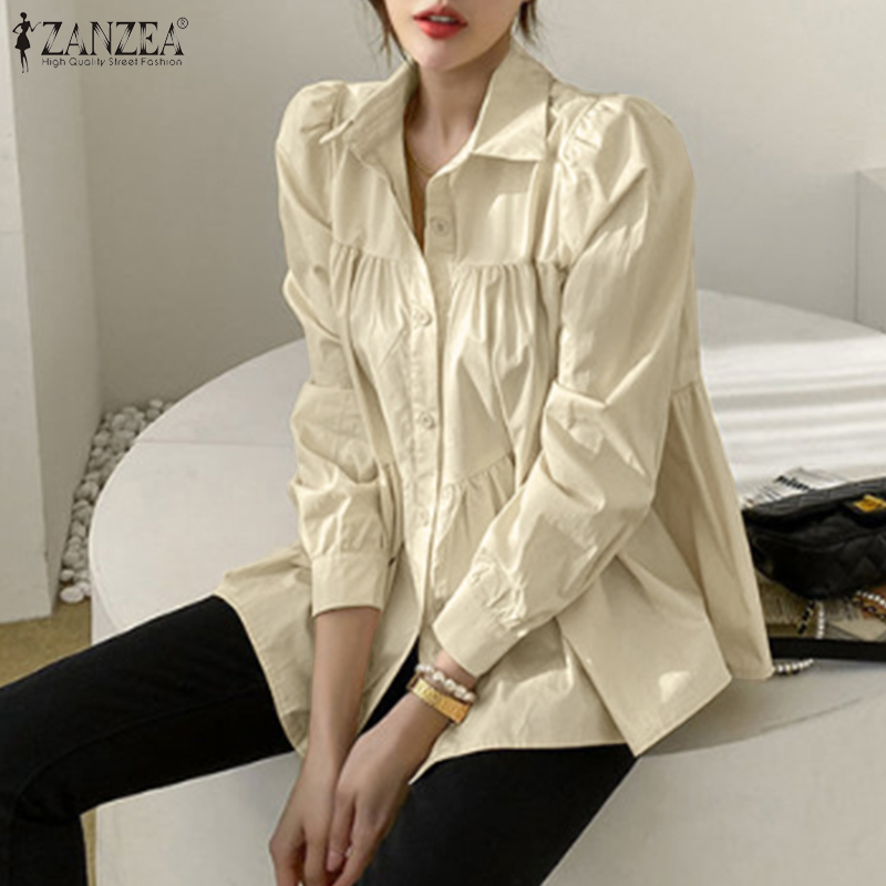 Áo kiểu công sở ZANZEA tay dài cổ áo lật xuống phối nút gài xuống cho nữ