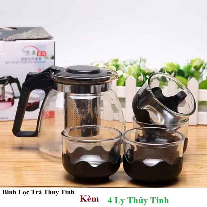 Bộ Bình Lọc Trà 💖𝑭𝑹𝑬𝑬𝑺𝑯𝑰𝑷💖 Bộ bình trà Thủy Tinh 4 Ly Có Lưới Lọc Inox 304 Tiện Dụng