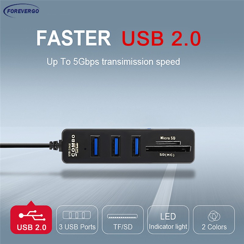 Bộ Chia 3 Cổng Usb 2.0 Kèm Đầu Đọc Thẻ Nhớ Sd / Tf 2 Trong 1 Cho Máy Tính