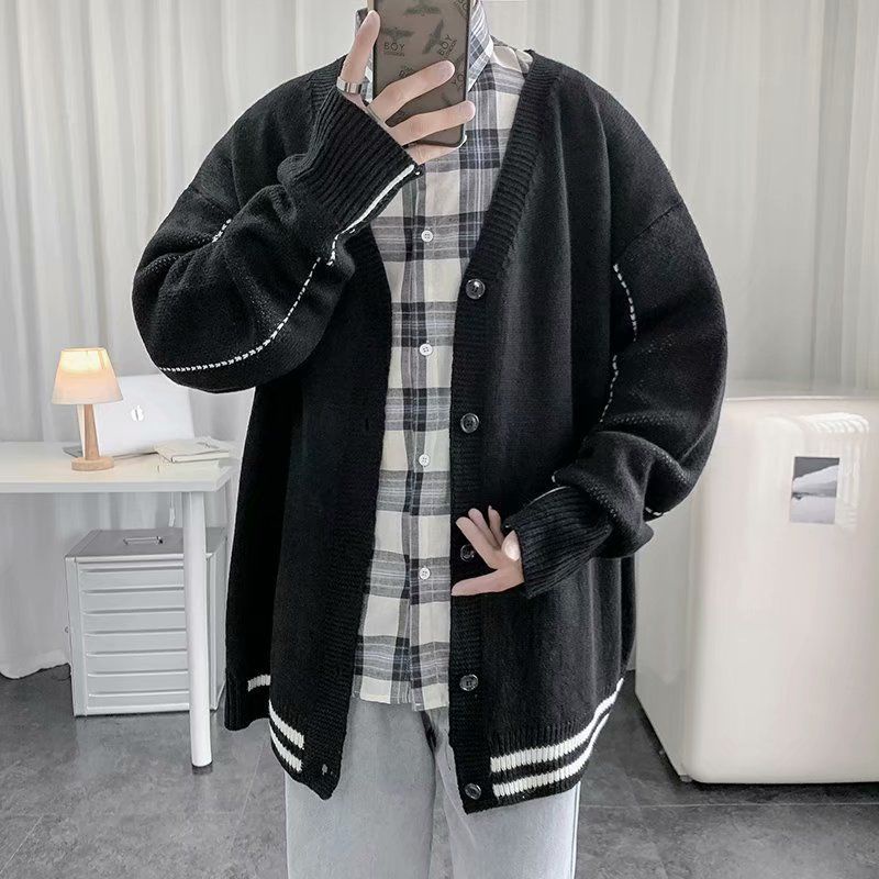 Áo khoác cardigan dệt kim cổ chữ V dáng rộng màu đen phong cách Hàn Quốc thời trang mùa thu cho nam size M-2XL