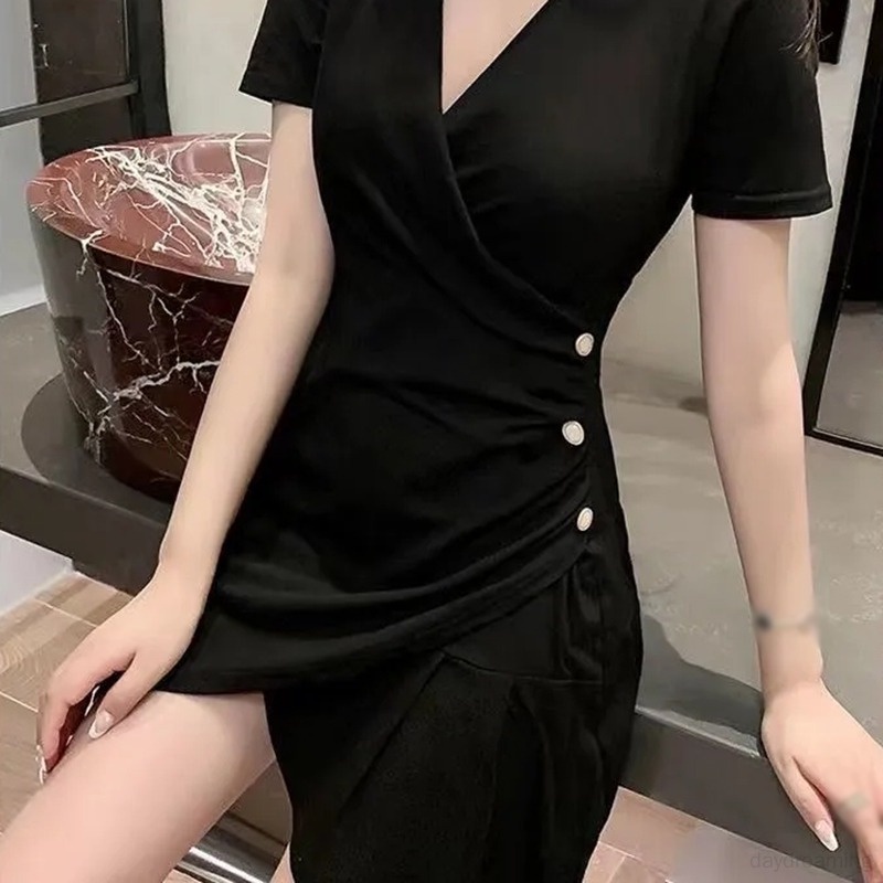 Đầm Đen Tay Ngắn Cổ Chữ V Thiết Kế Không Đồng Đều Xinh Xắn Thời Trang Dành Cho Nữ