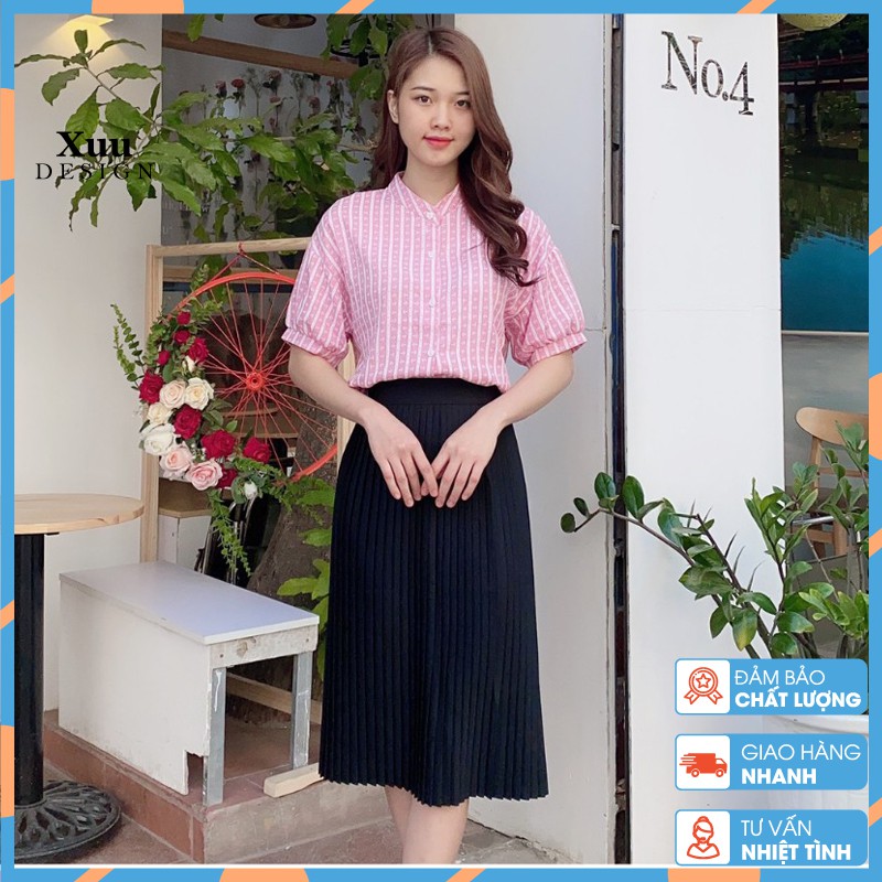 Áo sơ mi nữ kiểu 💖Xuu Design💖Áo kiểu nữ cổ tàu tay ngắn chất liệu Chiffon cao cấp -Hàng thiết kế TK20.89