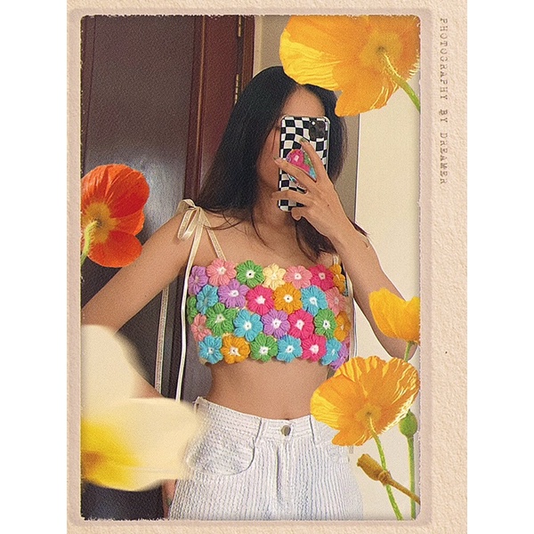 Áo dây croptop len móc hoa cúc thủ công HÀNG CÓ SẴN-SHIP HOẢ TỐC
