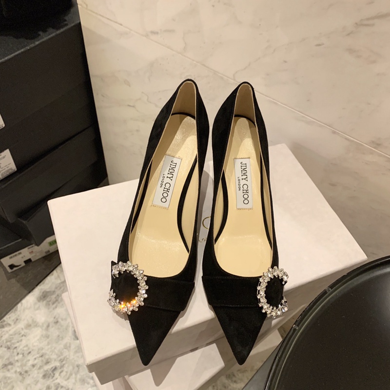 JIMMY CHOO Giày Cao Gót 7cm Chất Liệu Da Lộn Phối Khóa Đính Đá Pha Lê Hình Trái Tim Thời Trang Quyến Rũ Cho Nữ