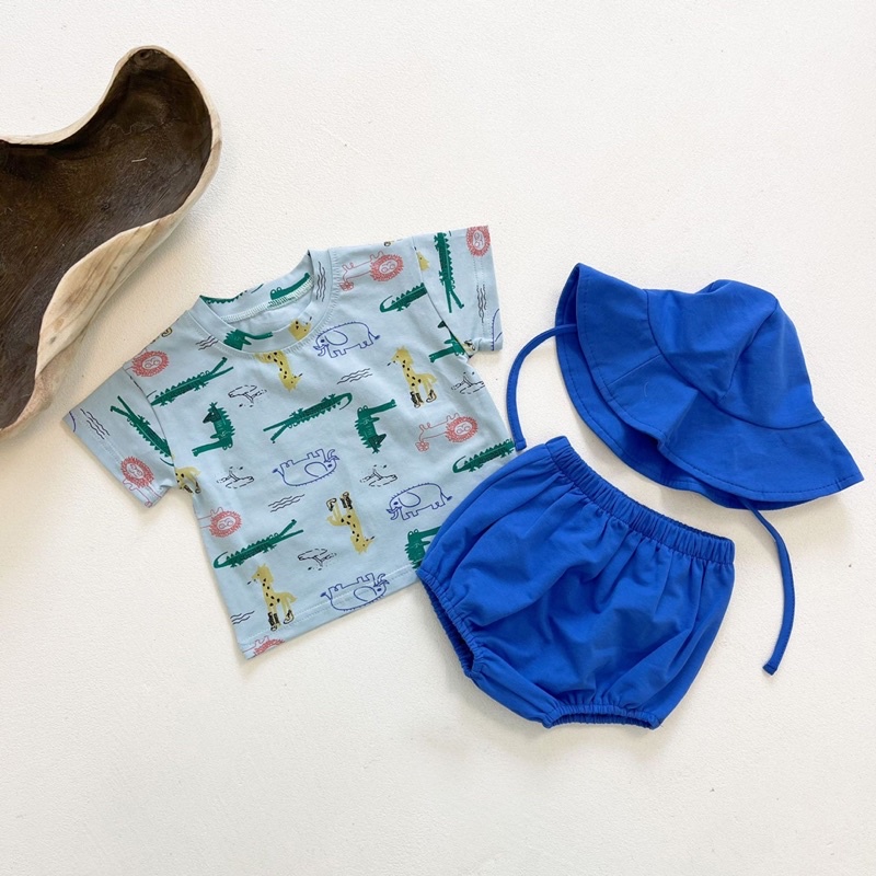 Bộ cộc tay cho bé trai bé gái , set quần áo hè trẻ em 4kg - 15kg kèm mũ chống nắng cho bé yêu