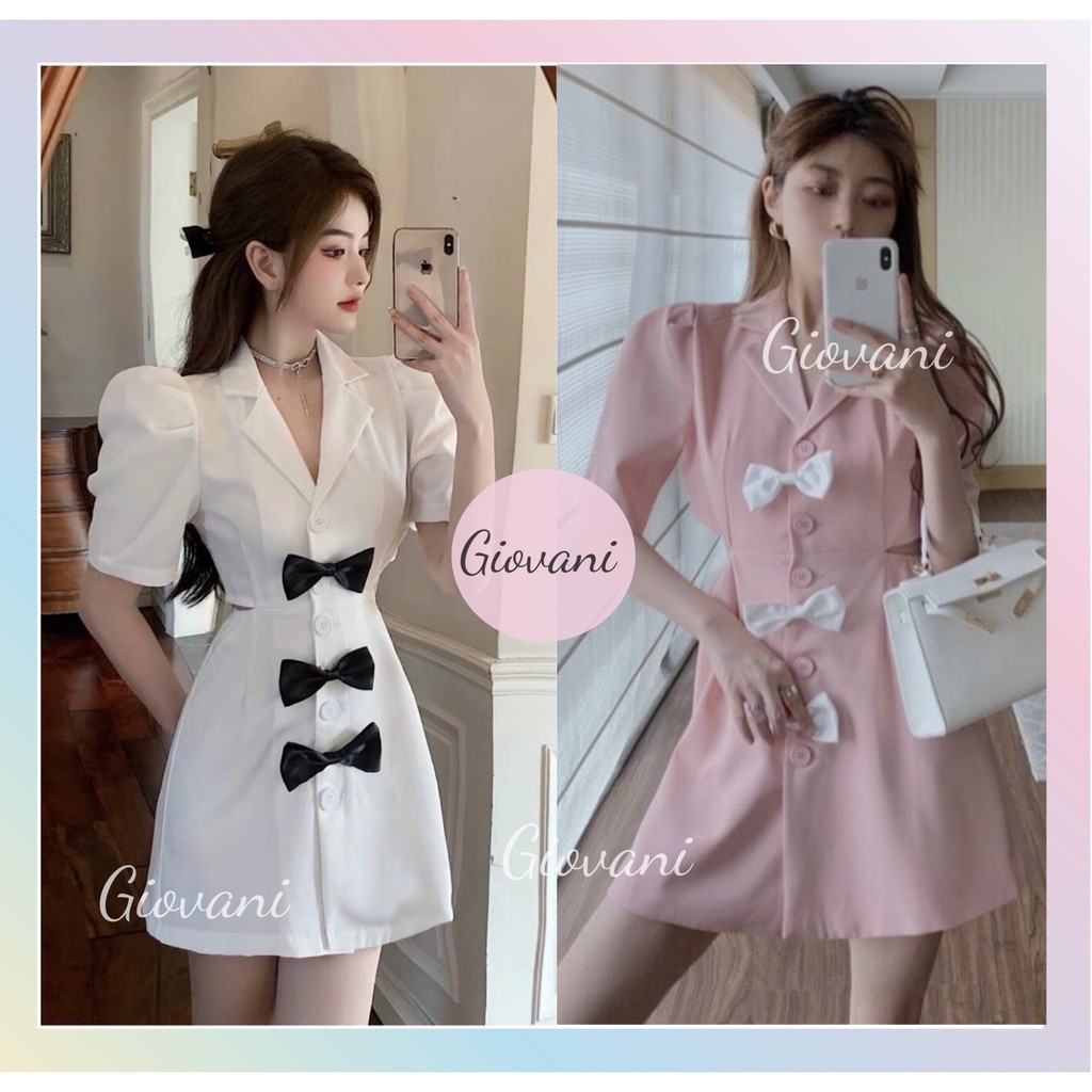 Đầm Cut Out Nữ Cổ Vest Cộc Tay Cúc Cài Phối Nơ 2 Màu