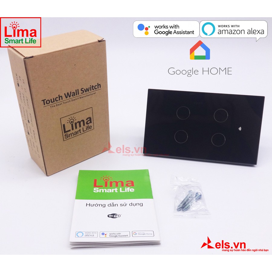 Công tắc thông minh 4 Nút Lima Smart Life-Điều khiển bằng giọng nói Tiếng Việt với Google Home, Amazon Alexa