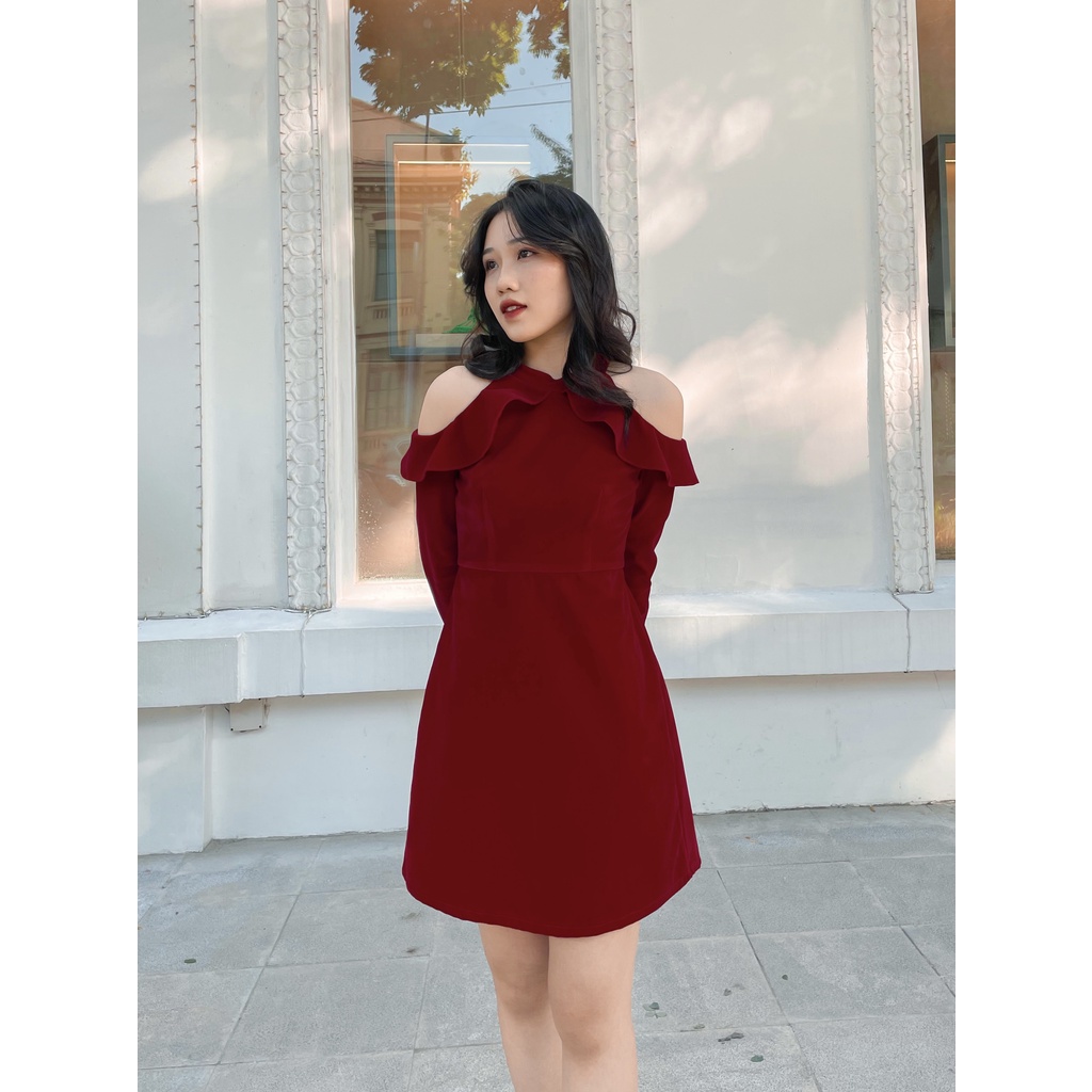 Váy nhung đỏ hở vai dáng ngắn có lớp lót đi chơi đi tiệc | BigBuy360 - bigbuy360.vn
