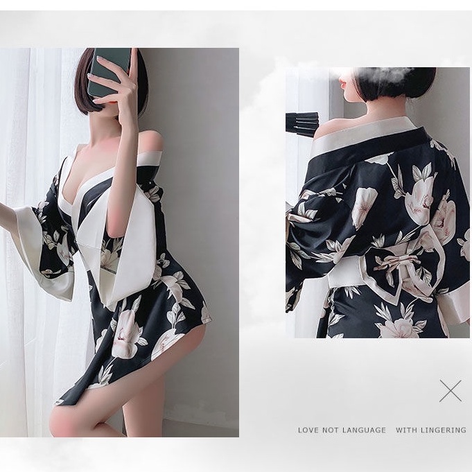 Áo choàng ngủ kimono lụa hoa anh đào kèm quần lọt khe gợi cảm sexy sang trọng freesize