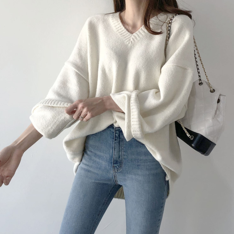 Áo Sweater dáng rộng cổ chữ v màu sắc đơn giản dễ thương cho nữ