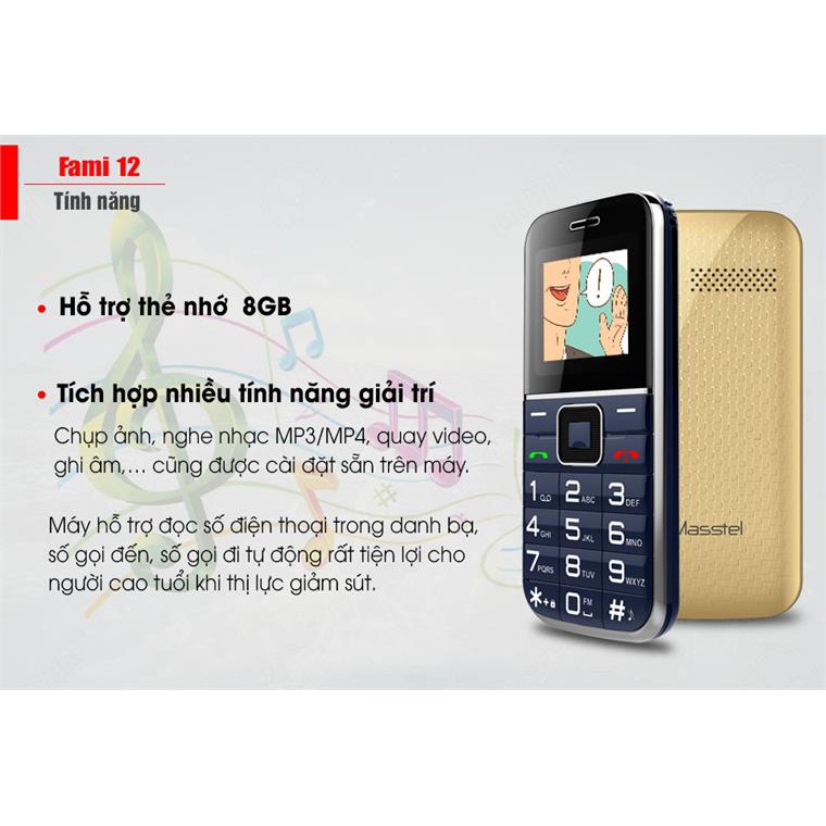 Điện Thoại Cho Người Già Masstel Fami 12 4G - Viền Kim Loại, Ăng Ten FM Không Dây [CHÍNH HÃNG]