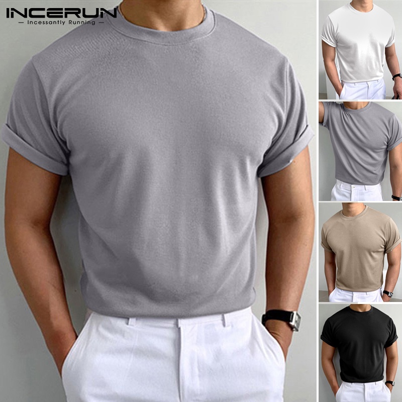 Áo nam INCERUN ngắn tay cổ tròn màu sắc đơn giản 4 màu lựa chọn