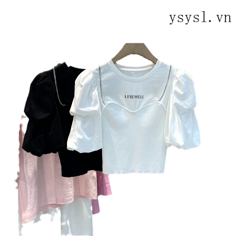 Áo Thun Tay Ngắn Phồng Cổ Tròn Giả Hai Mảnh Thiết Kế Mẫu Mới 2022 Phong Cách Hàn Quốc Thời Trang Mùa Hè Dành Cho Bạn Nữ