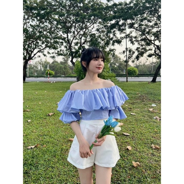 Áo Kiểu Trễ Vai Xanh Tay Ngắn Bèo Dáng Croptop Dún Lưng Co Dãn Kèm Ảnh Thật