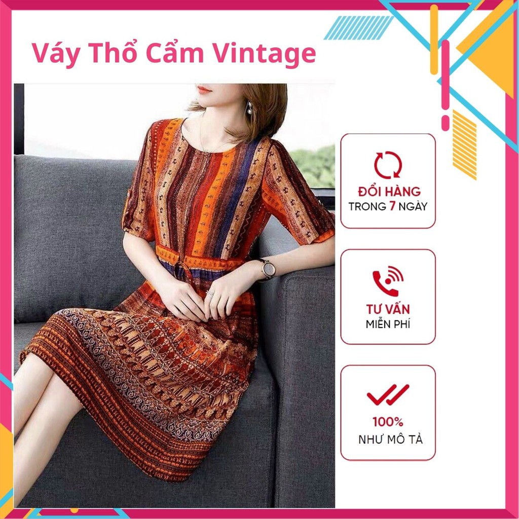 Váy Thổ Cẩm Vintage, Đầm Xòe Đẹp, Vải Lụa Mát Mẻ, Không Nhăn, May Kĩ, Form Chuẩn