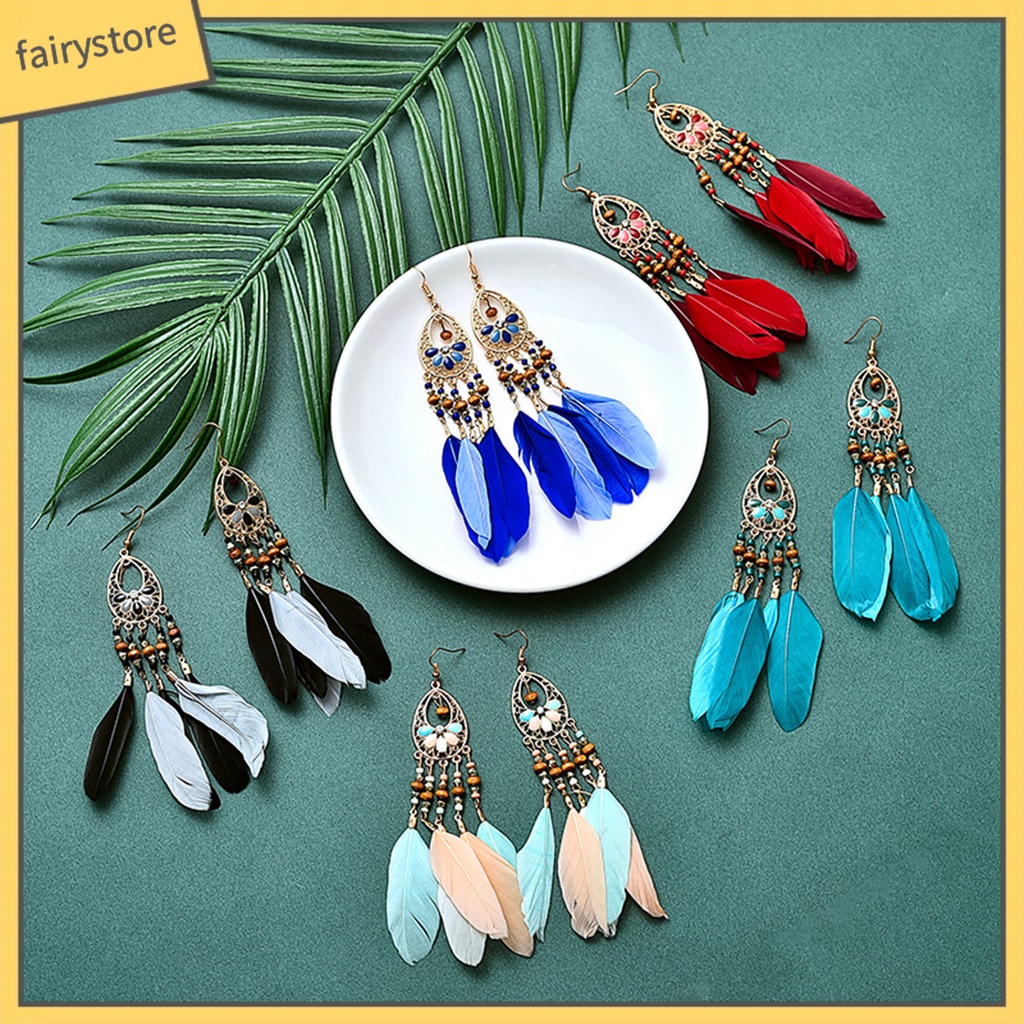 1 Đôi Bông Tai Dáng Dài Phối Lông Vũ Phong Cách Bohemian Thời Trang