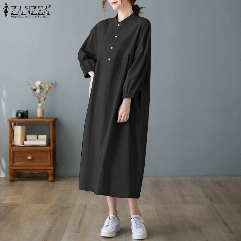 Đầm ZANZEA dài tay dài cổ đứng màu trơn phong cách Hàn Quốc thời trang cho nữ