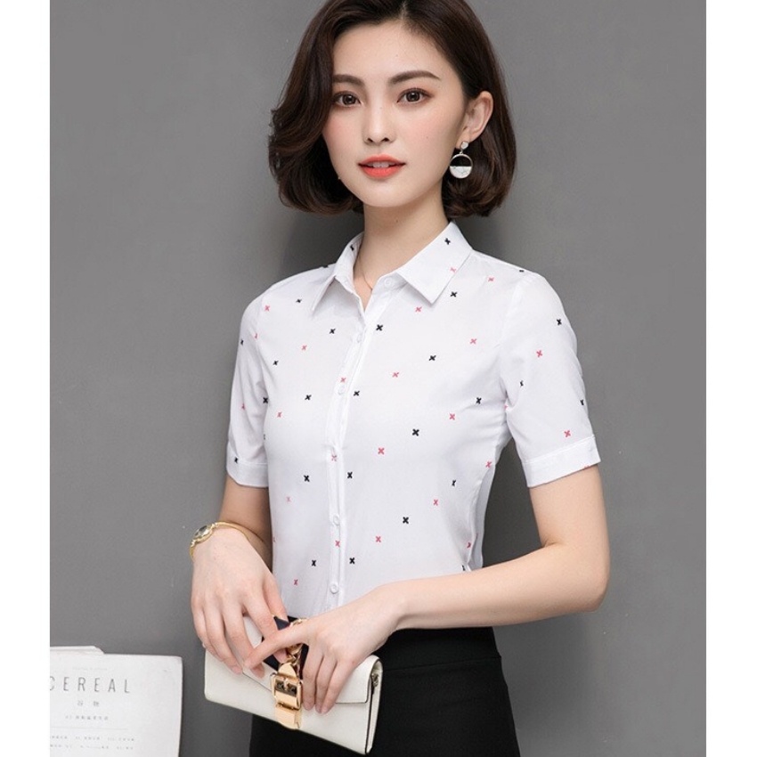 Áo sơ mi nữ ngắn tay phối họa tiết dấu x  Thời trang nữ công sở Thiết kế trẻ trung thanh lịch