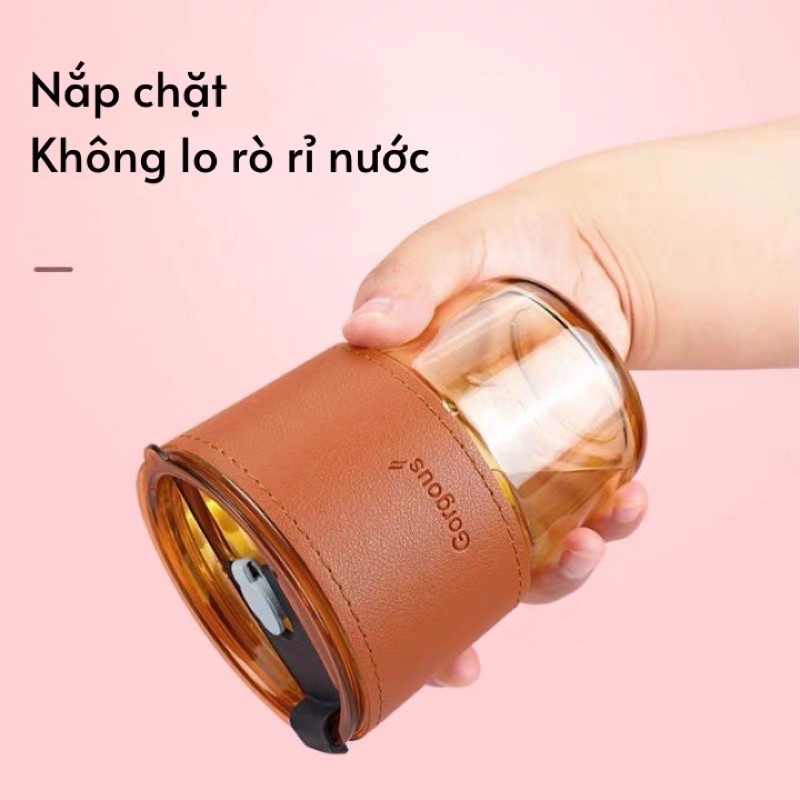 Cốc thủy tinh màu hổ phách bọc da có nắp đậy (Tặng kèm  ống hút)