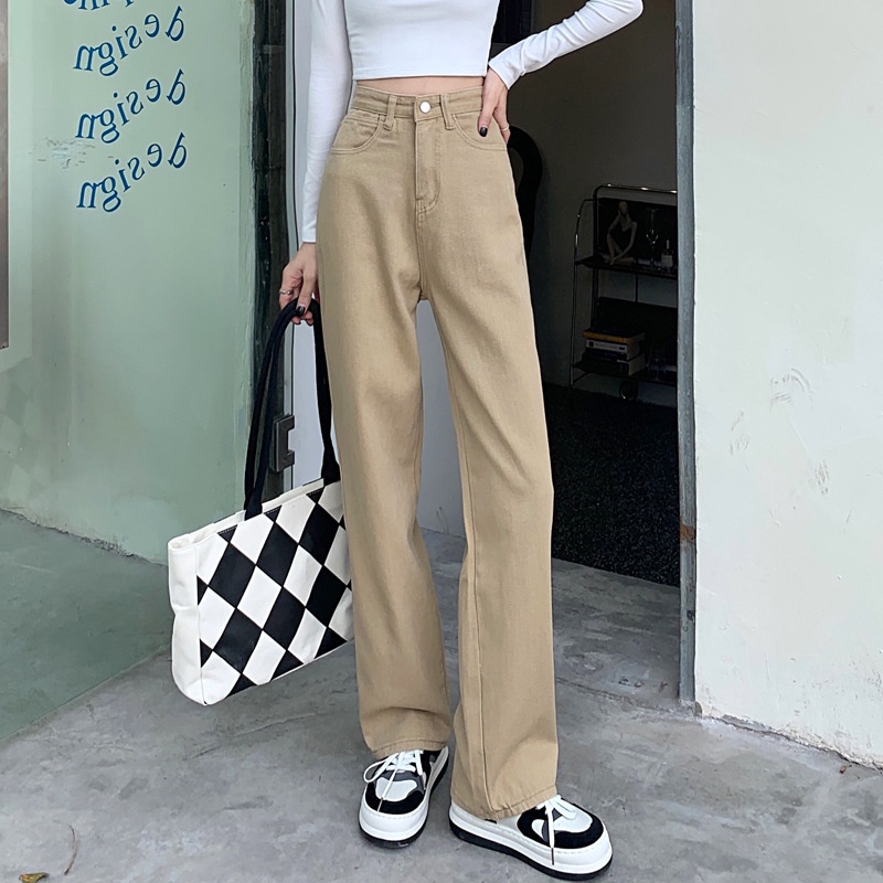 Quần ống rộng dáng suông nữ cạp cao, quần jean kaki ống đứng trơn màu nâu tây đủ size KUNNI95
