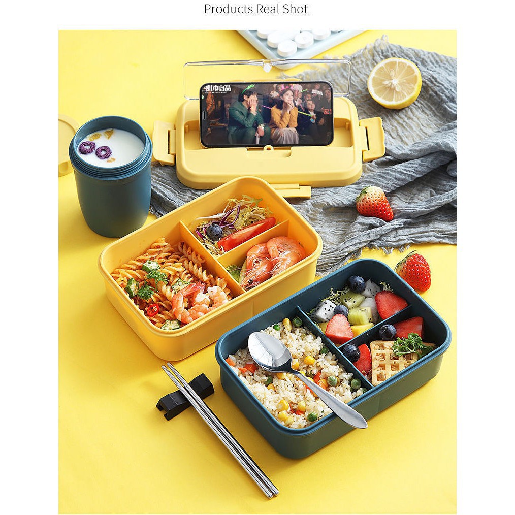 Hộp Đựng Cơm Chia 3 Ngăn Lúa Mạch Giữ Nhiệt Tặng Kèm Đũa Thìa