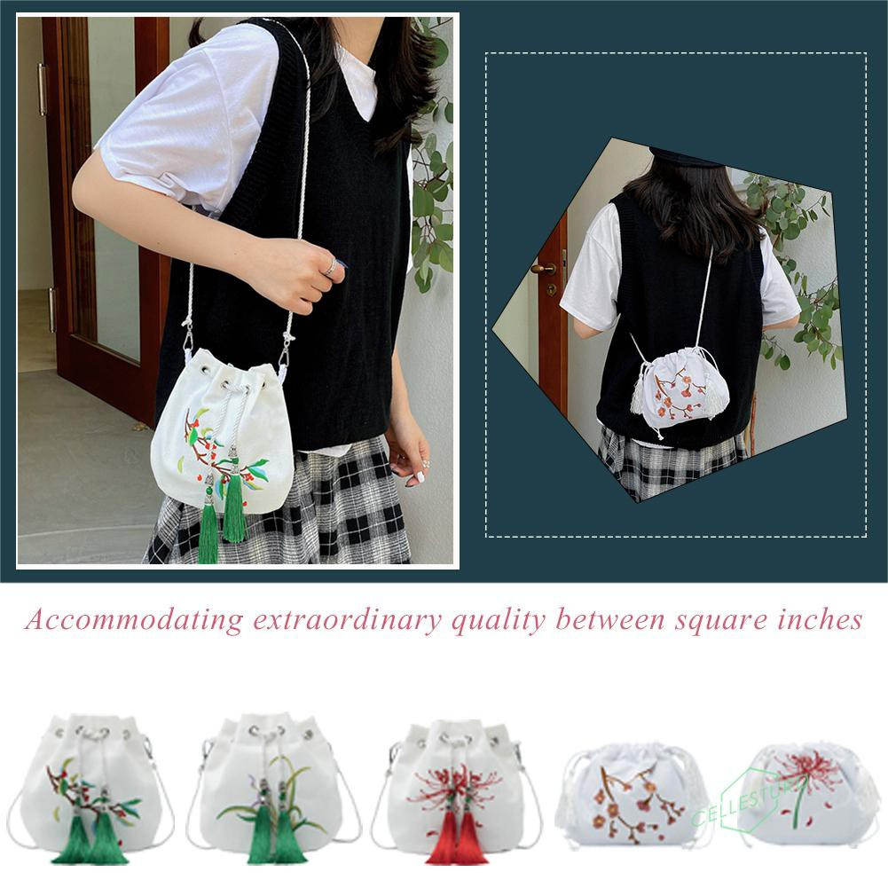 「CS」 Fashion Women Canvas Plant Embroidery Shoulder Bag Casual Tassel Handbag