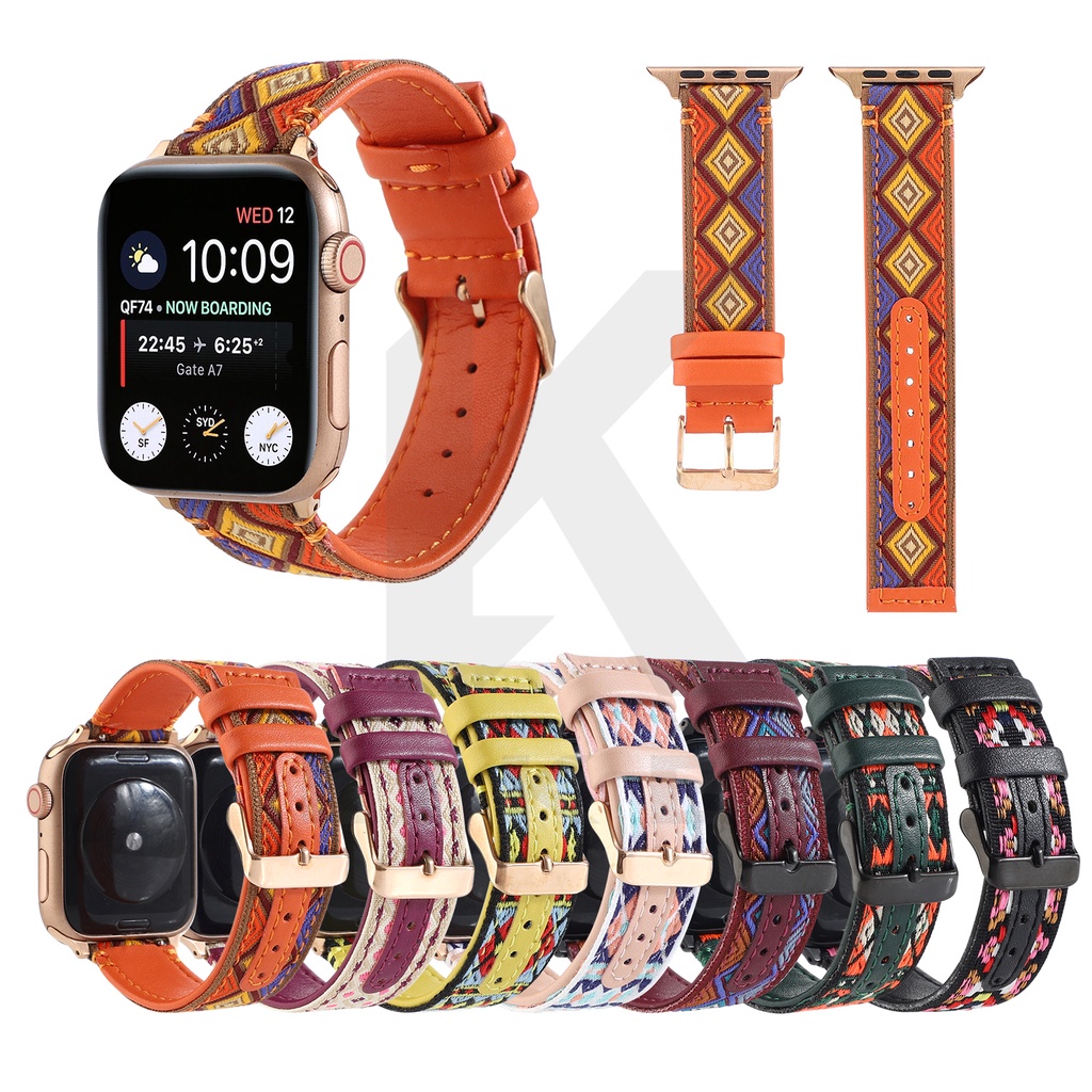 Dân gian-Tùy chỉnh Dân tộc Mới Dây đeo bằng da Tali Jam cho Apple Watch 6 5 4 Dây đeo nylon cho IWatch Series Se 1 2 3 Dây đeo Thể thao Vòng 38mm/40mm/41mm 42mm/44mm/45mm