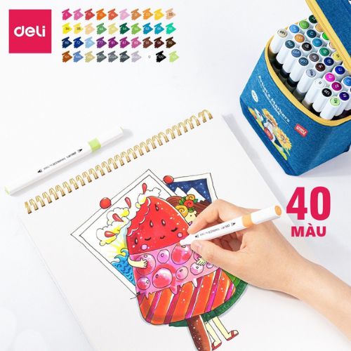 Bút màu marker DELI 2 đầu túi vải bò mực có thể rửa được, bút màu có đầu brush và vát 30 40 60 80 màu- 70808