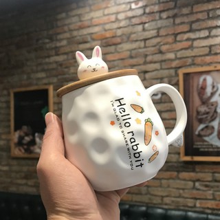 Ly sứ thỏ con kèm nắp gỗ và muỗng sứ siêu Cute