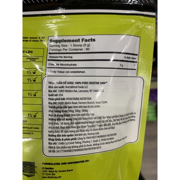Creatine Monohydrate Hỗ Trợ Tăng Sức Mạnh Cơ Bắp Vitaxtrong Creatine 5000