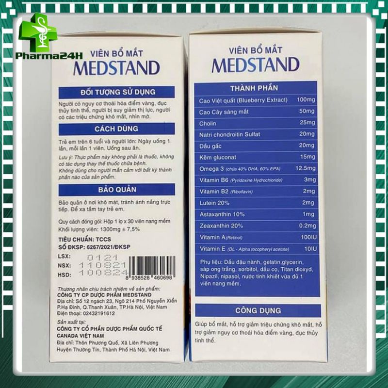 Viên uống bổ mắt MEDSTAND. Hỗ trợ giảm triệu chứng khô mắt,mỏi mắt. người bị thoái hoá điểm vàng,đục thủy tinh thể