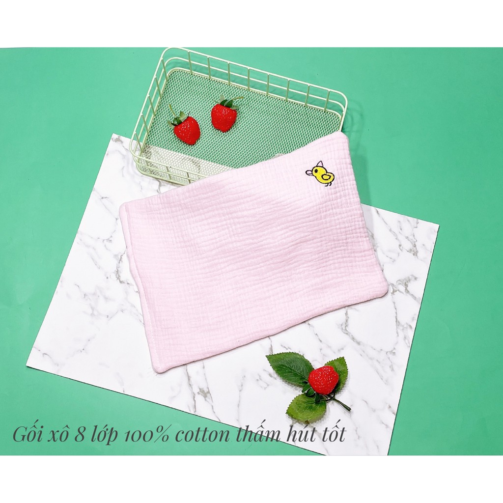 Gối Xô Sơ Sinh 8 Lớp họa tiết thêu 100% cotton Mềm Mịn Thấm Hút Mồ Hôi.