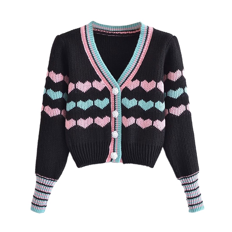 Xiangbao Áo Khoác Cardigan Dệt Kim Ngắn Cài Nút Xuống Tay Dài Hình Trái Tim Nhiều Màu Sắc Lưng Thun C