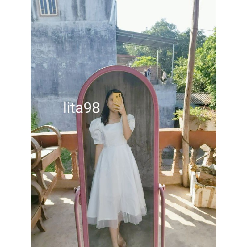 váy trắng cô dâu, váy cưới công chúa dự tiệc cổ vuông khoét lưng thắt nơ sẵn size S, M kèm ảnh thật MS022 | BigBuy360 - bigbuy360.vn