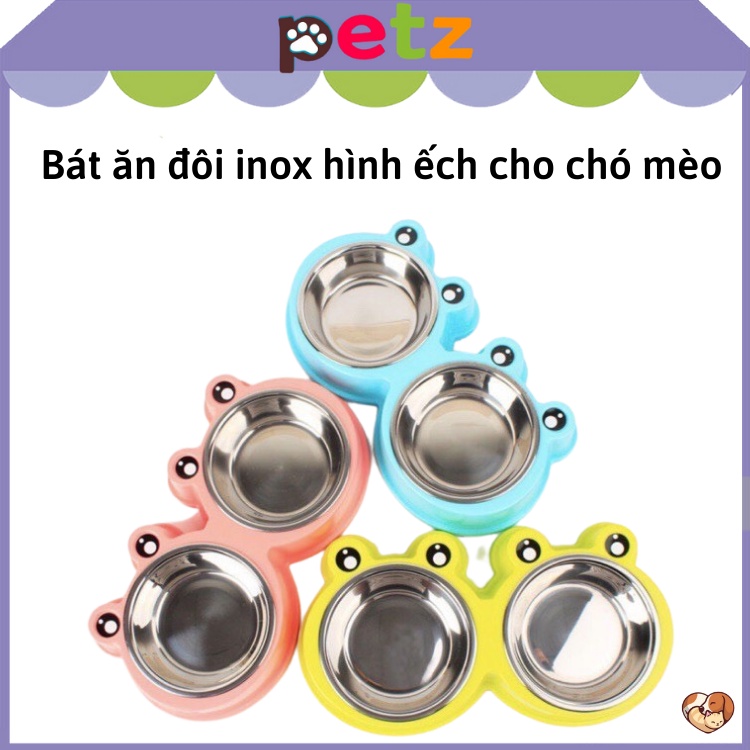 Bát ăn đôi inox cho chó mèo hình ếch PETZ bát ăn 2 ngăn cho thú cưng lõi inox siêu bền, dễ vệ sinh
