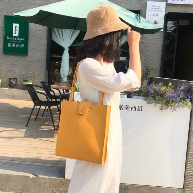 Túi tote da hình chữ nhật bản to da trơn mềm khuy cài đi học đi làm công sở đựng vừa A4 ảnh video thật